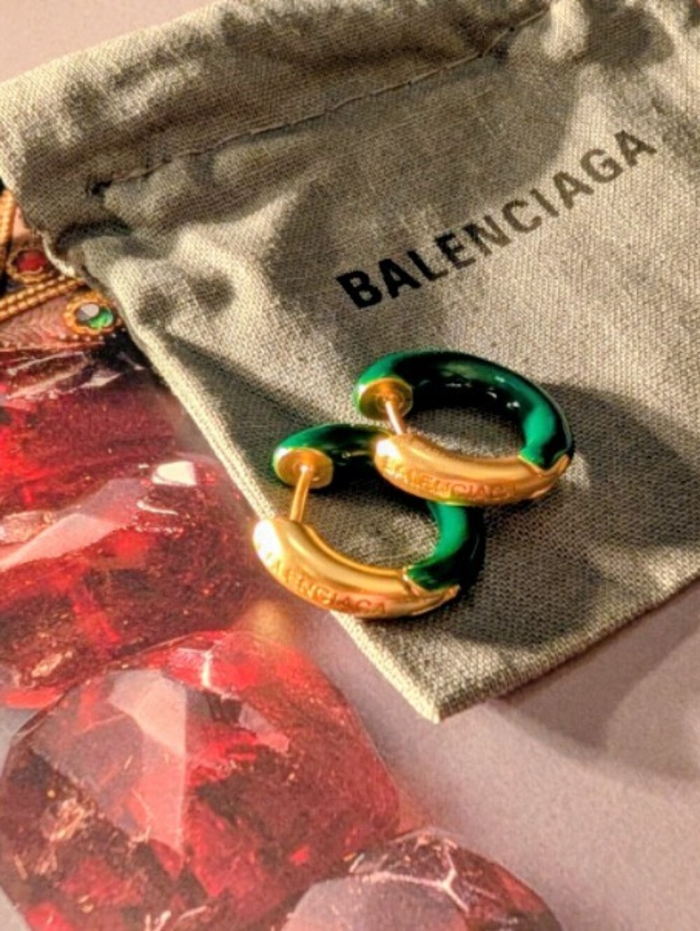 NEW Balenciaga LOGO Frosted Gold Enameled Green Loop Earrings